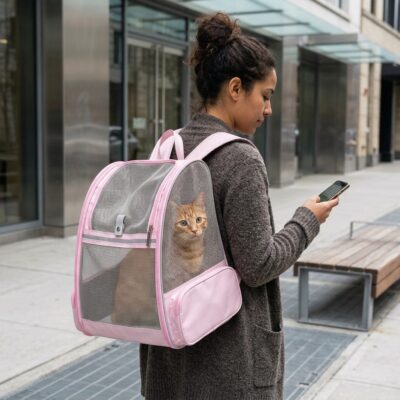 MOCHILA TRANSPORTADORA VENTANA TRANSPARENTE _32X28X41 CM /ROSA
