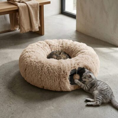 CUCHA TUNEL TERCIOPELO CON PELOTA _85X85X26 CM /BEIGE
