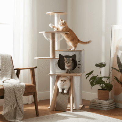 RASCADOR TORRE ALTA PARA GATOS BEEPAW MOD8 CON HAMACA Y CUEVA