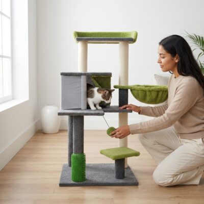 RASCADOR ÁRBOL PARA GATOS BEEPAW MOD14 CON CUEVA Y HAMACA /VERDE